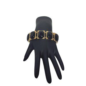 Gold Tone With Smooth Black Cabochons Stretch Bracelet (6238)